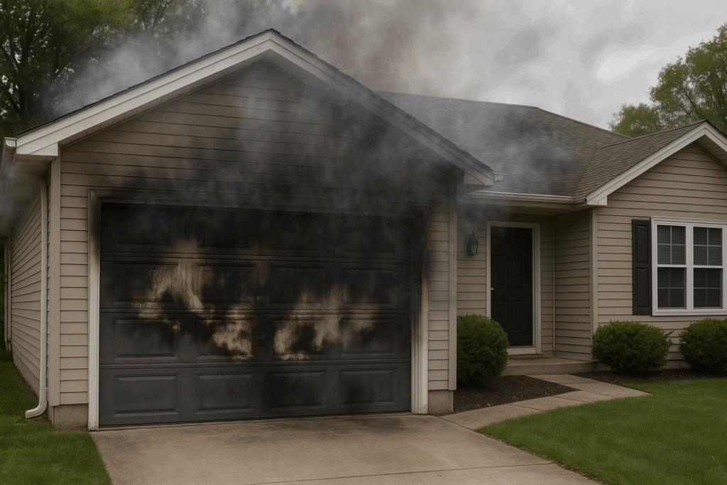 Garage Door Repairs In Allentown, Pa: What’s Covered By Home Insurance? 3 Garage door with heavy smoke and fire damage, highlighting urgent need for garage door repairs and insurance protection.