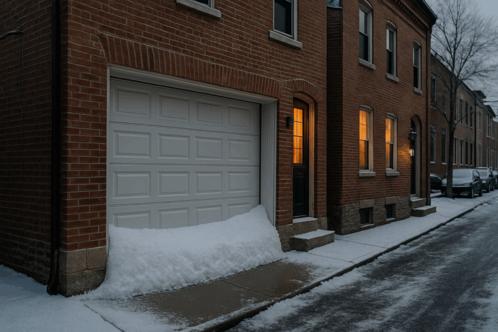 Garage door weather stripping protecting against snow buildup in winter conditions.