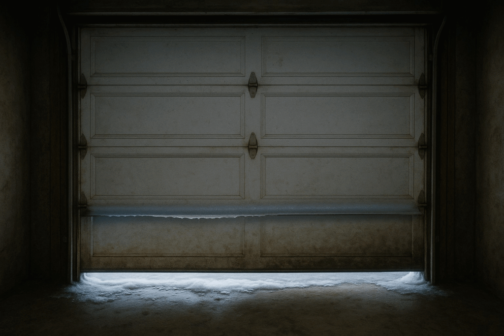 Allentown Residents: Why You Must Repair Garage Door Damage Before Snowfall 3 Gap at the bottom letting snow in, showing need to repair garage door for better sealing.