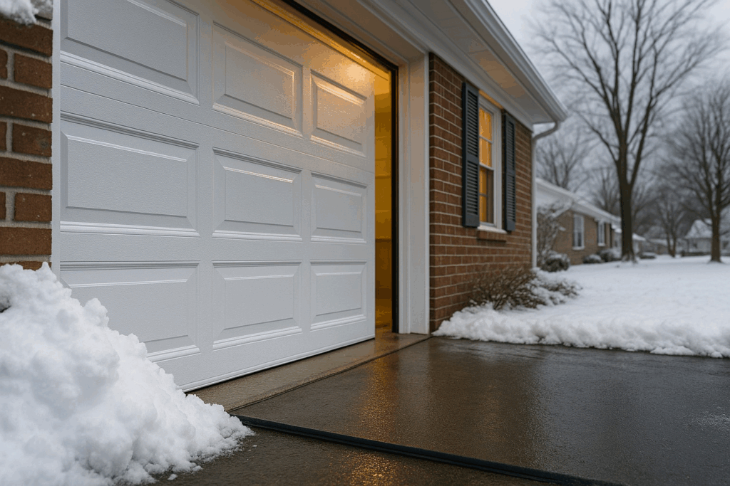 Allentown Residents: Why You Must Repair Garage Door Damage Before Snowfall 4 A white garage door partially open during winter, surrounded by snow on the driveway and yard, with warm light glowing from inside the garage.
