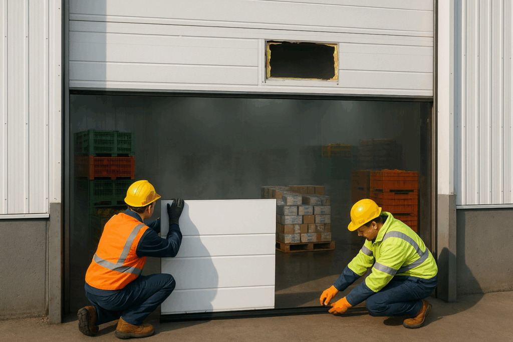 How Regular Commercial Garage Door Repair Improves Efficiency In Allentown, Pa 2 Technicians replacing bottom panel and seal during commercial garage door repair at refrigerated facility.